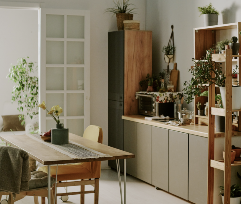 Kitchen with greenery and plants over countertops and cabinets